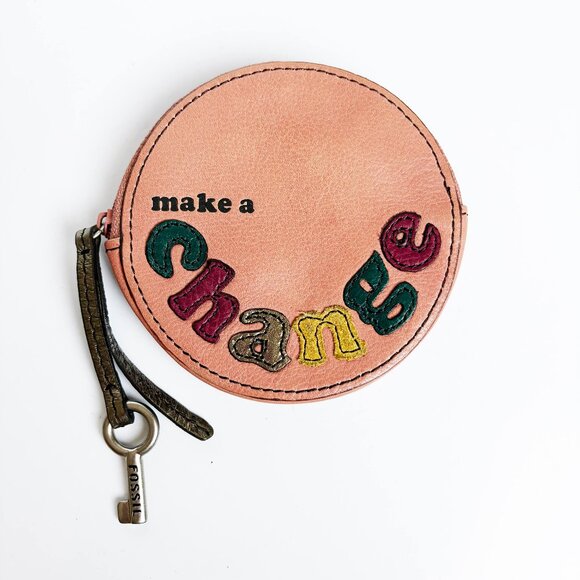 Fossil Leather Round Zip Coin Purse Make A Change with Key Charm - Picture 1 of 7